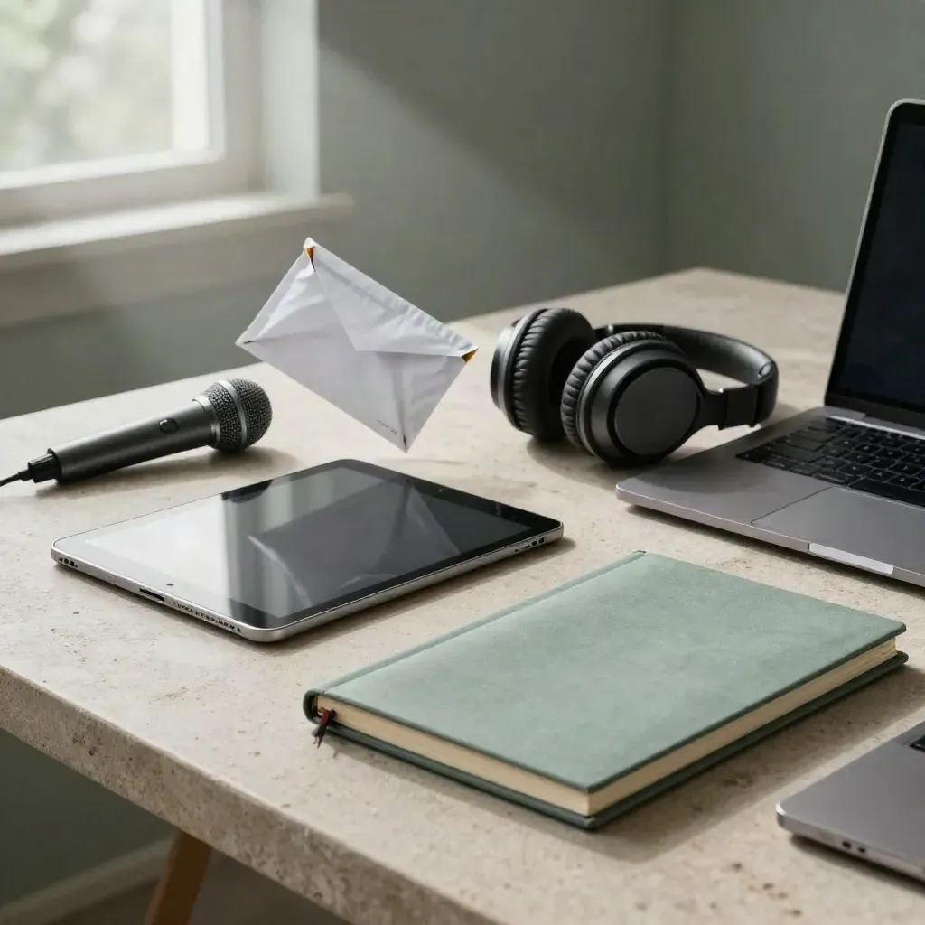 Workspace editorial con tablet, micrófono, auriculares, portátil y sobre en diagonal sobre piedra clara.