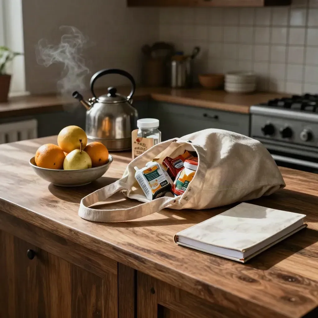 Bolsa de tela abierta, fruta, despensa y cuaderno cerrado sobre una isla de cocina con vapor.