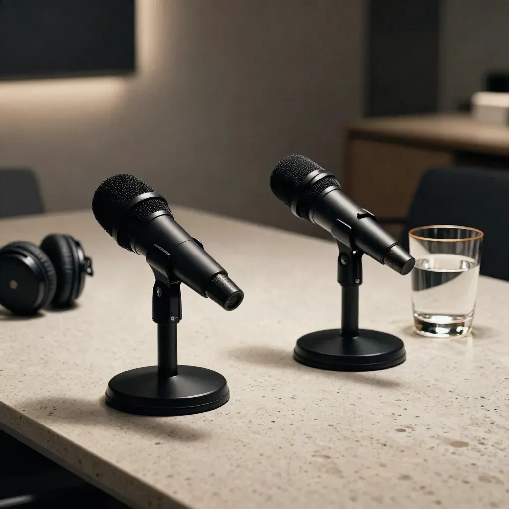 Micrófonos, grabadora encendida, auriculares y vaso de agua en una mesa de travertino.