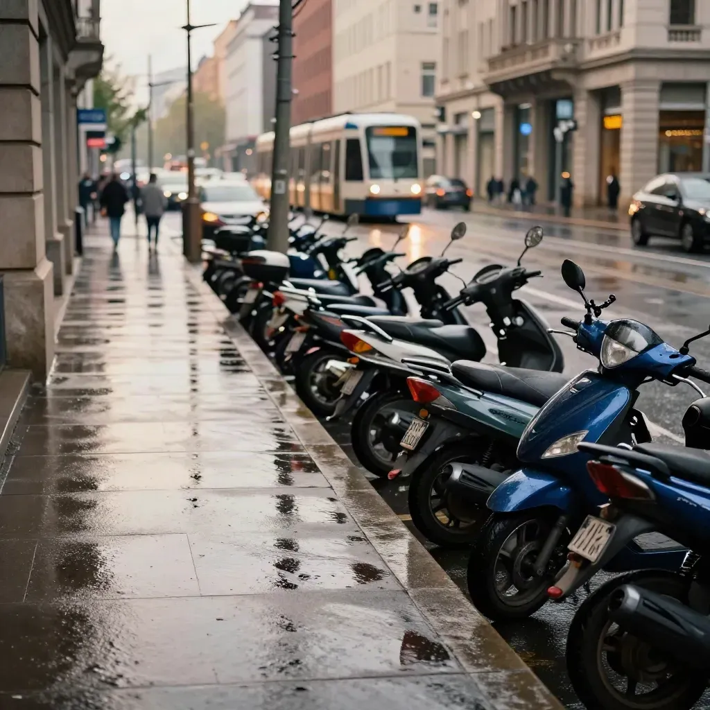 Carril bici mojado junto a oficinas, tranvía y scooters tras la lluvia.