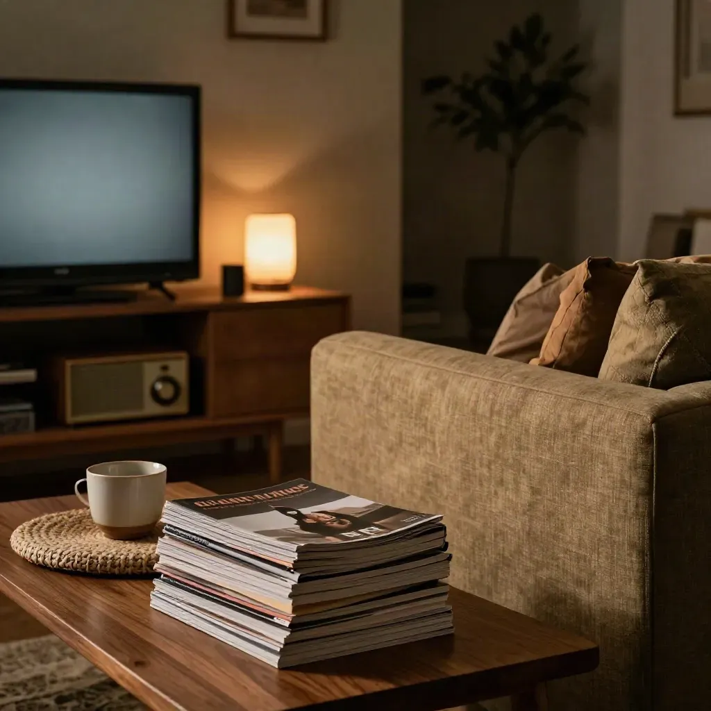Sala con televisor tenue, radio, revistas cerradas y mesa de centro junto a un sofá.