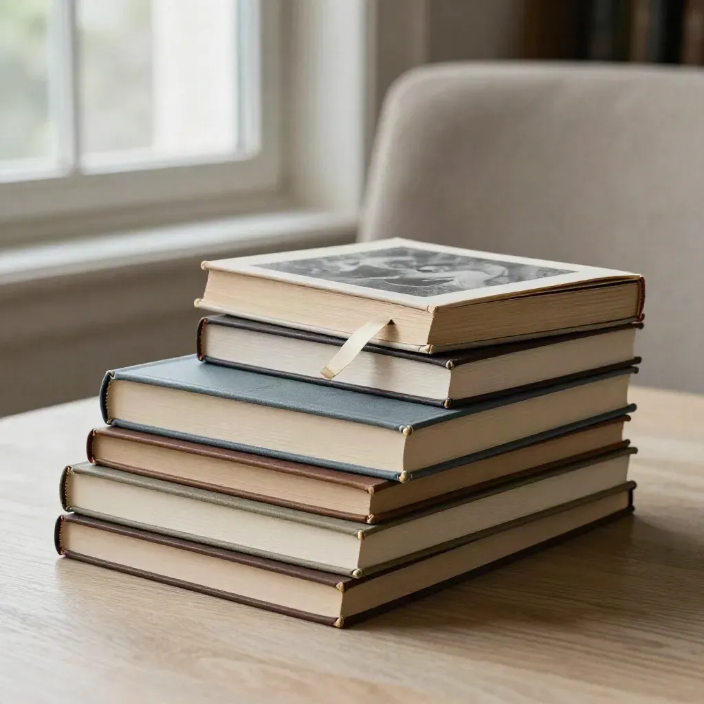 Pila de libros cerrados con uno deslizándose junto a una silla y una ventana luminosa.