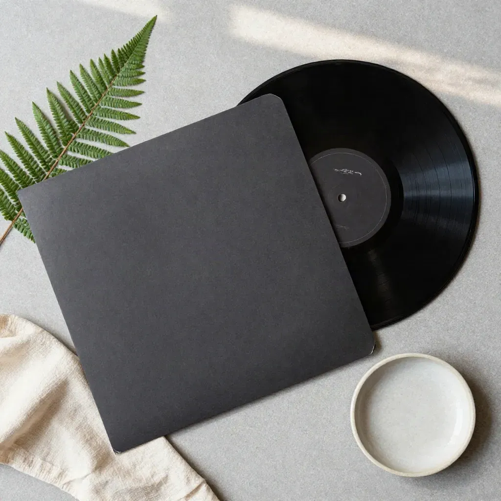 Disco de vinilo negro, funda blanca, helecho, lino e plato cerámico sobre hormigón claro.