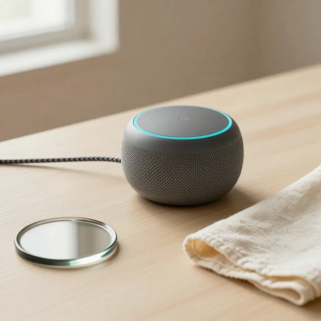 Altavoz inteligente con cable trenzado, posavasos de vidrio y tela de algodón sobre madera clara.