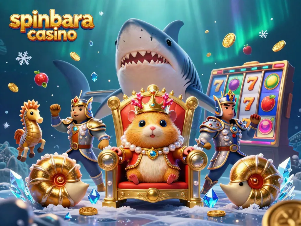 Win at spinbara casino with a vibrant scene featuring a golden hamster king, slot machines, and royal seahorse guards.