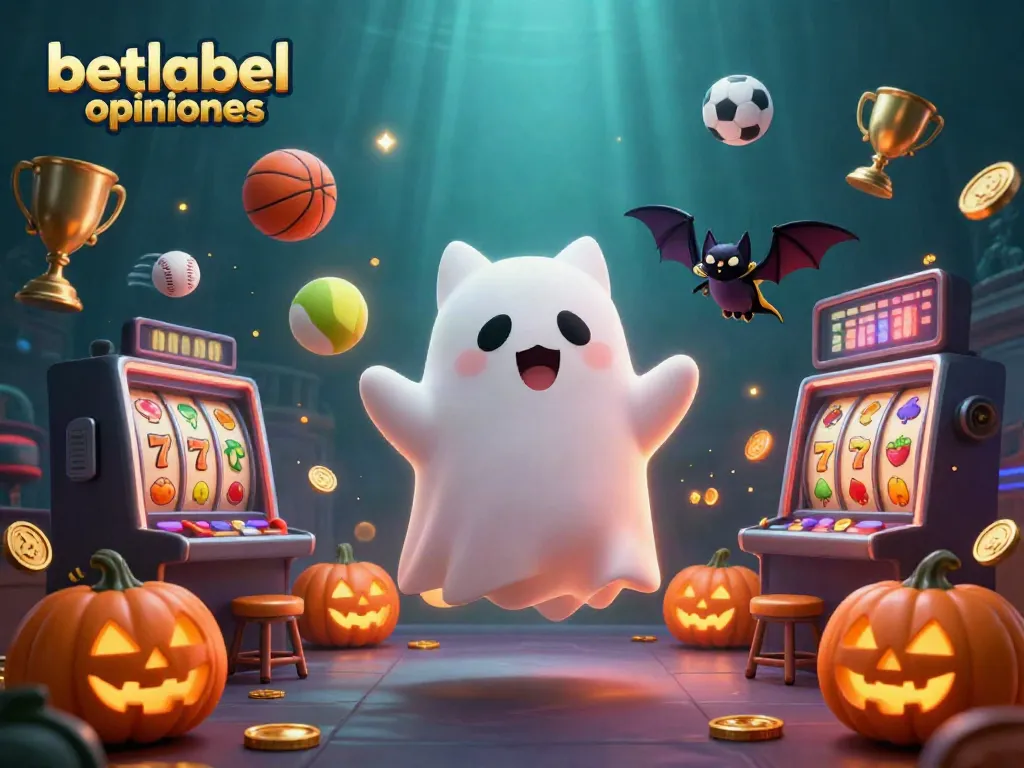Engaging scene showcasing betlabel opiniones with a ghost cat and bat surrounded by dynamic casino elements.